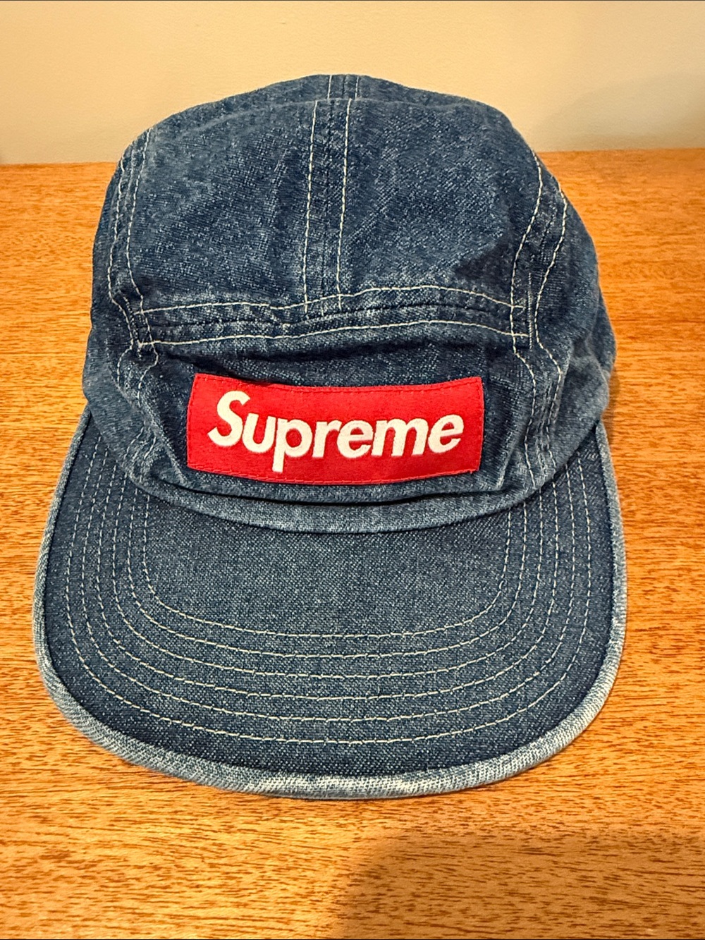 Supreme Navy Denim 5-Panel Cap with Red Box Logo